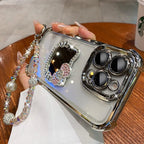 Kitty Mirror Phone Case for iPhone 17 16 Pro Max 16E 15 Plus 14 13 Mini 12 11 XS XR 7 8 SE Electroplate Shockproof Phone Case With Bracelet