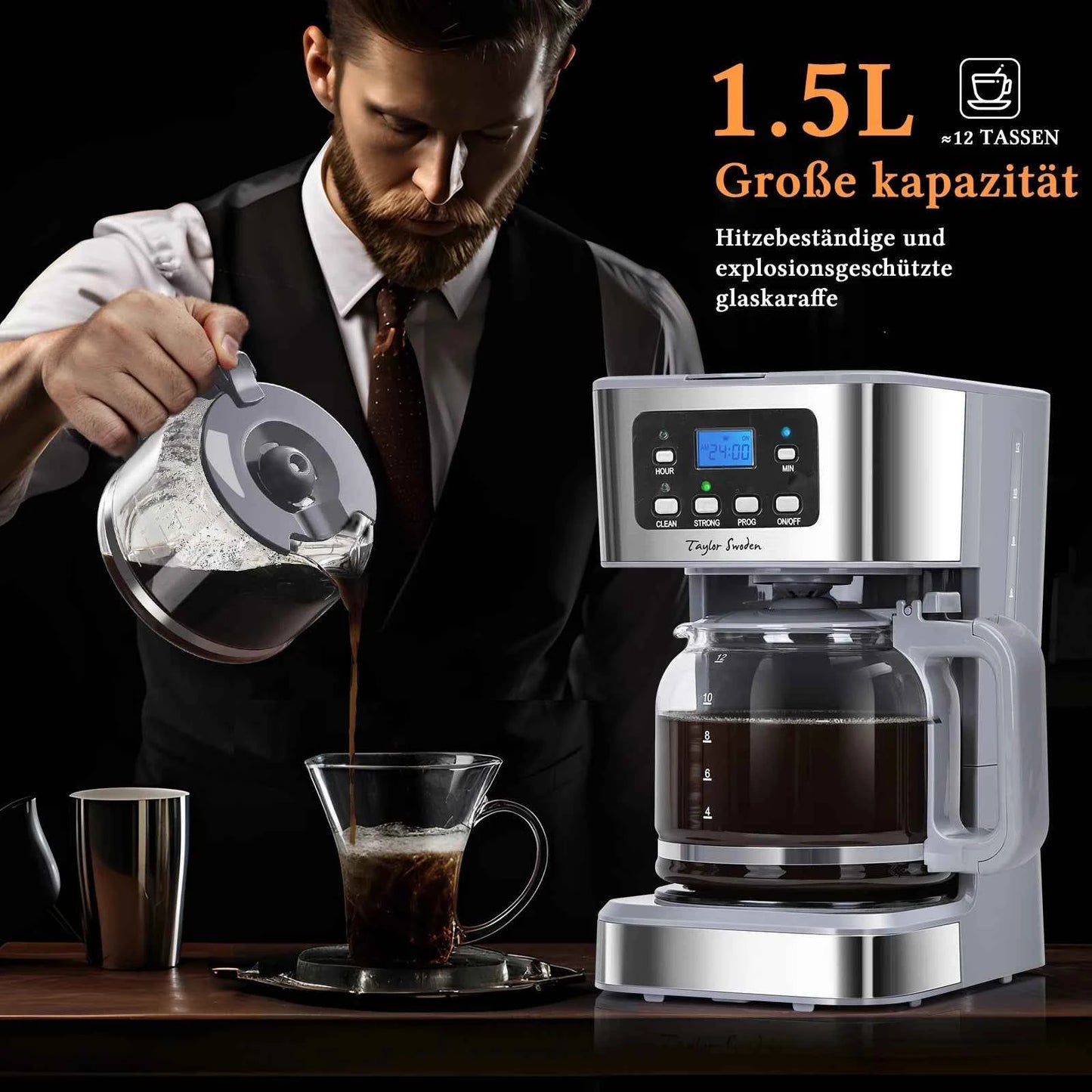 TAYLOR SWODEN 950W Coffee Maker with Timer, 1.5L Filter Coffee Maker 12 Cups, Automatic Shut-Off, Drip Stop, Reusable Filter