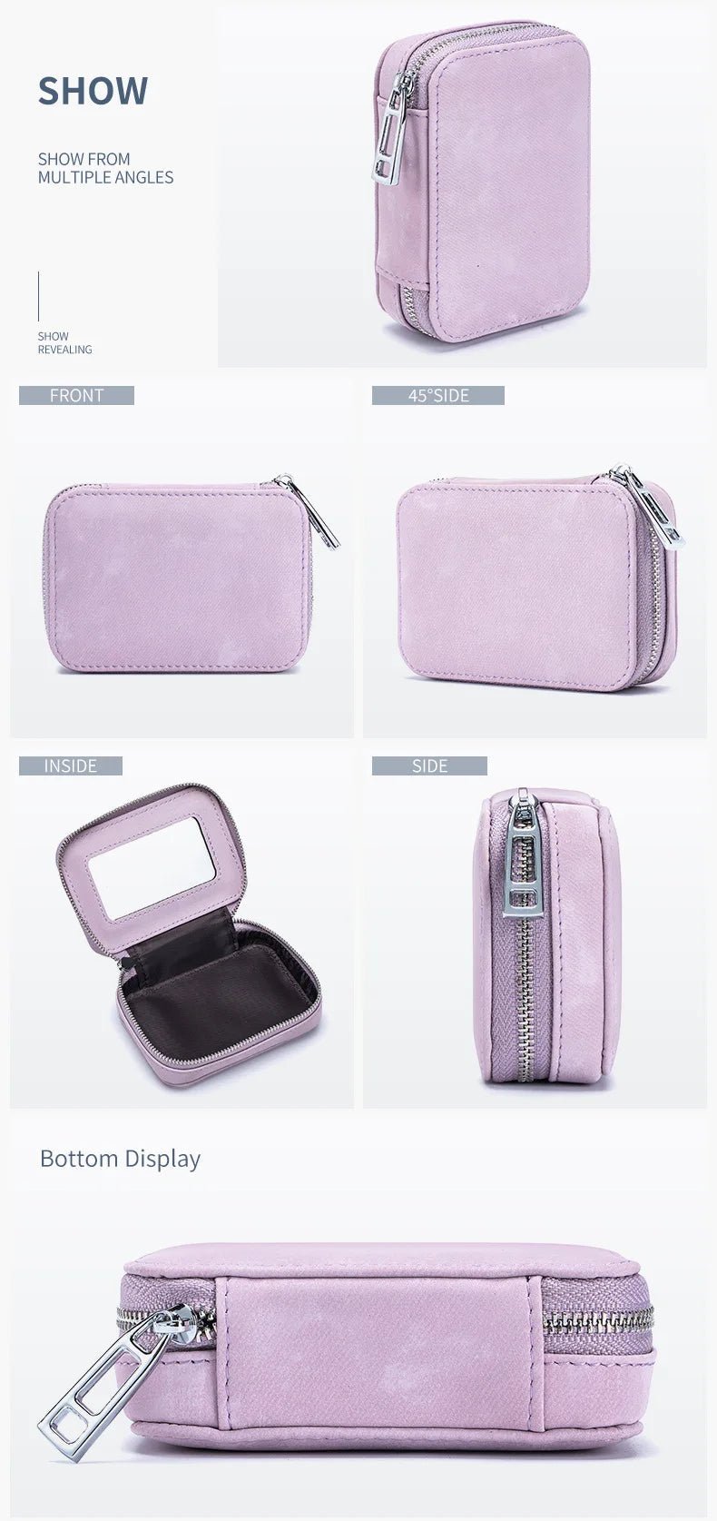 Portable Mini Leather Wallet With Mirror New Chinese Style Cow Leather Storage Bag For Coins And Earphones