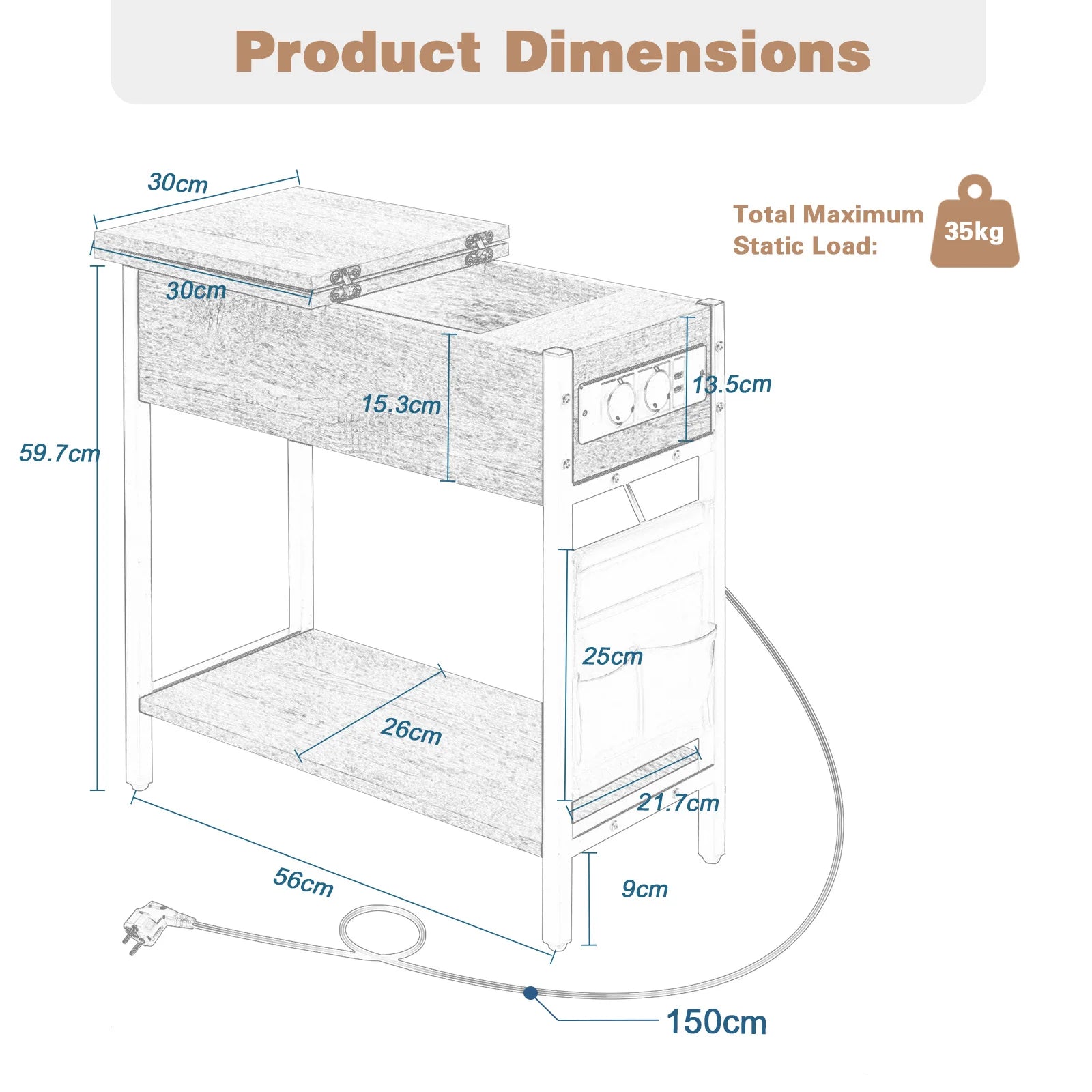 Side Table Sofa Coffee Table with Charging Station Bag Nightstand with 2 USB Ports 2 Sockets Folding Top End Table for Bedroom