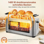 Toaster 1400W, stainless steel toaster, LCD touch display, 2 wide toast slots, 4 slices, 7 browning levels, bun holder,