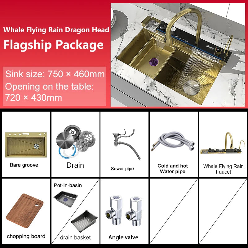 Stainless Steel Kitchen Sink With Waterfall Extra Large Single Bowl Digital Display Multifunctional Dishwashing Sinks