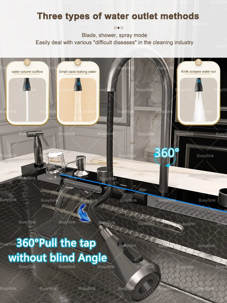 Stainless Steel Kitchen Sink With Waterfall Extra Large Single Bowl Digital Display Multifunctional Dishwashing Sinks