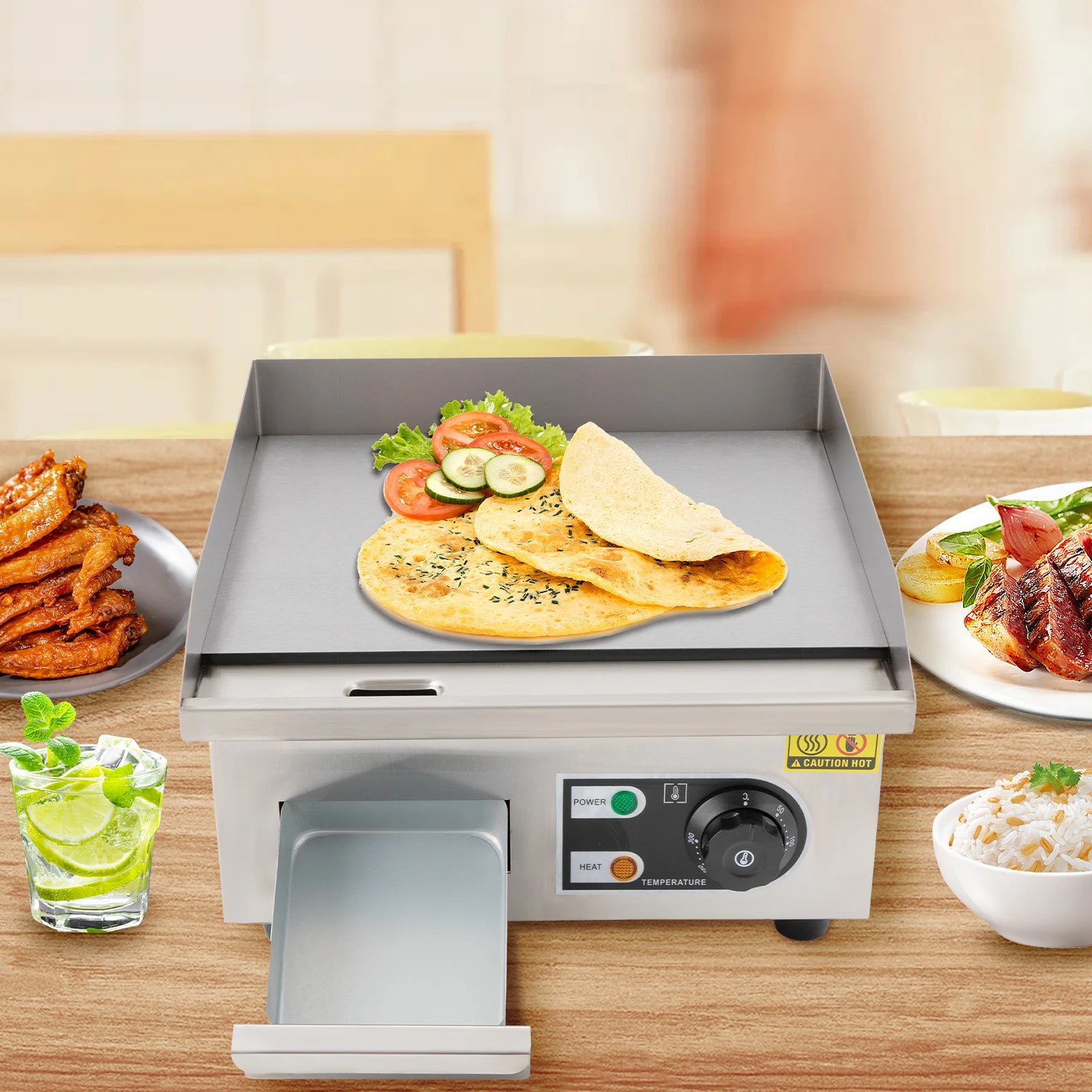 2000W Modern Stainless Steel Electric Griddle, 5.5*38*21cm Silver Electric Griddle for Processing Pancakes, Bacon, Baked Cheese