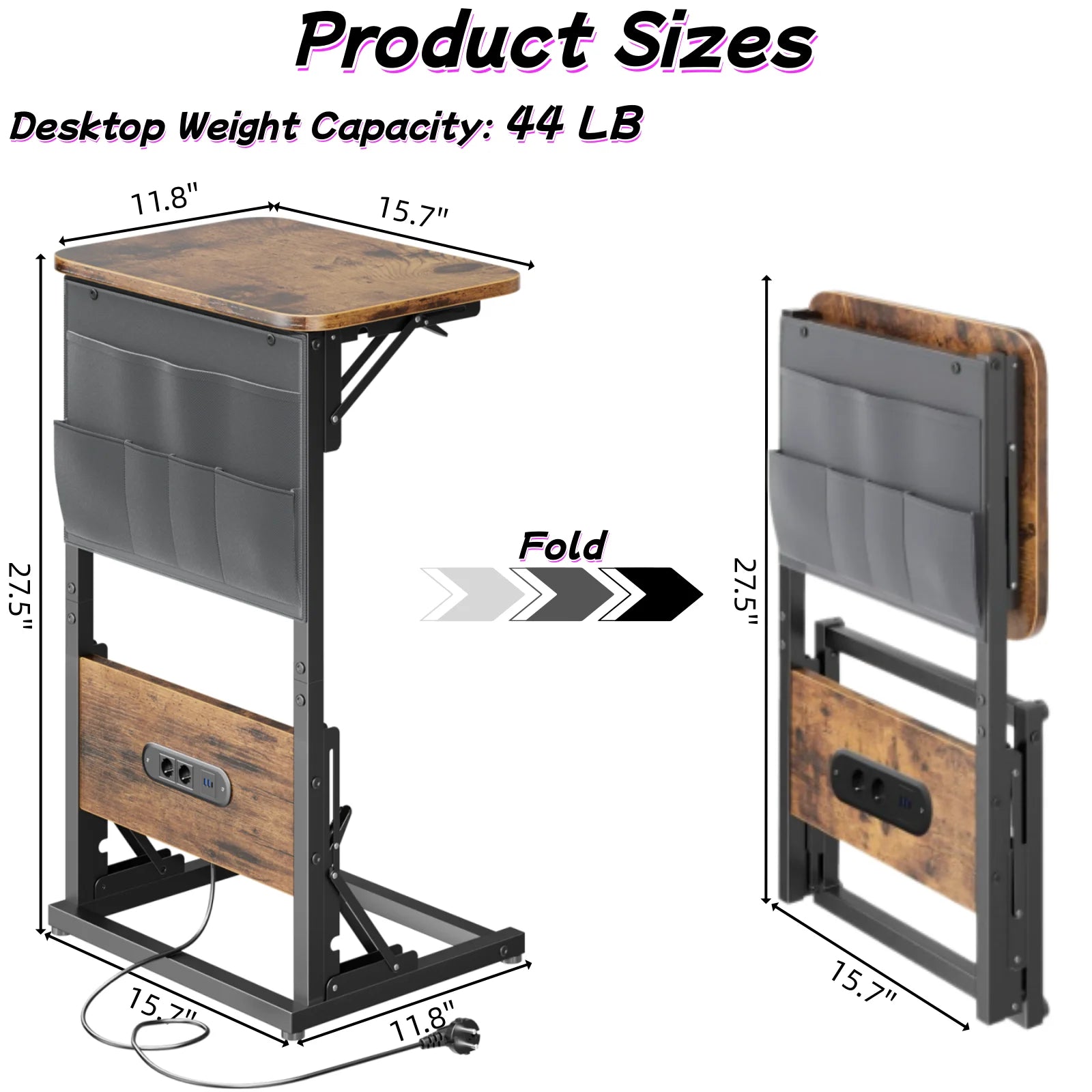 C Shape Small Laptop Table, Foldable End Desk with Power Outlets, Sofa Arm Tray Table with Storage Bag for Living Room, Bedroom