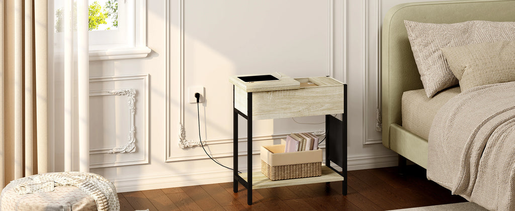 Side Table Sofa Coffee Table with Charging Station Bag Nightstand with 2 USB Ports 2 Sockets Folding Top End Table for Bedroom
