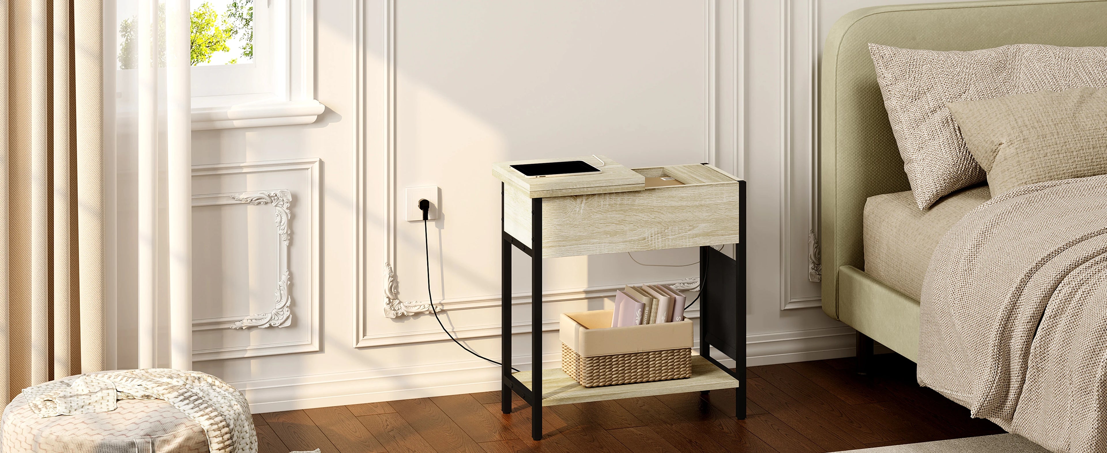 Side Table Sofa Coffee Table with Charging Station Bag Nightstand with 2 USB Ports 2 Sockets Folding Top End Table for Bedroom