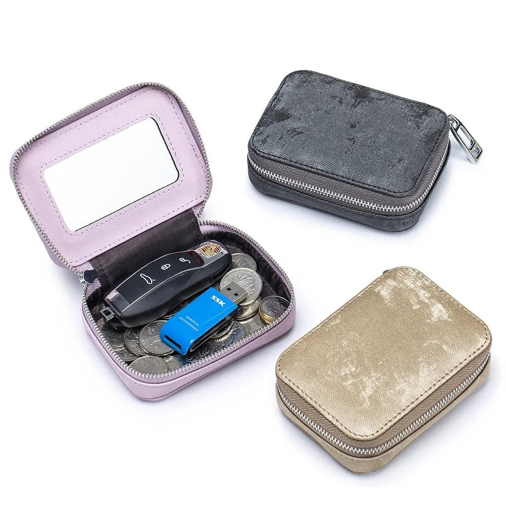 Portable Mini Leather Wallet With Mirror New Chinese Style Cow Leather Storage Bag For Coins And Earphones