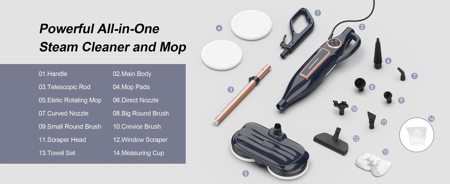 Steam Vacuum Mop, 1200W 8 in 1 Rotary Pads, 15 Seconds Fast Heating, Steam Mop for Kitchen,Carpet, Hardwood Floor