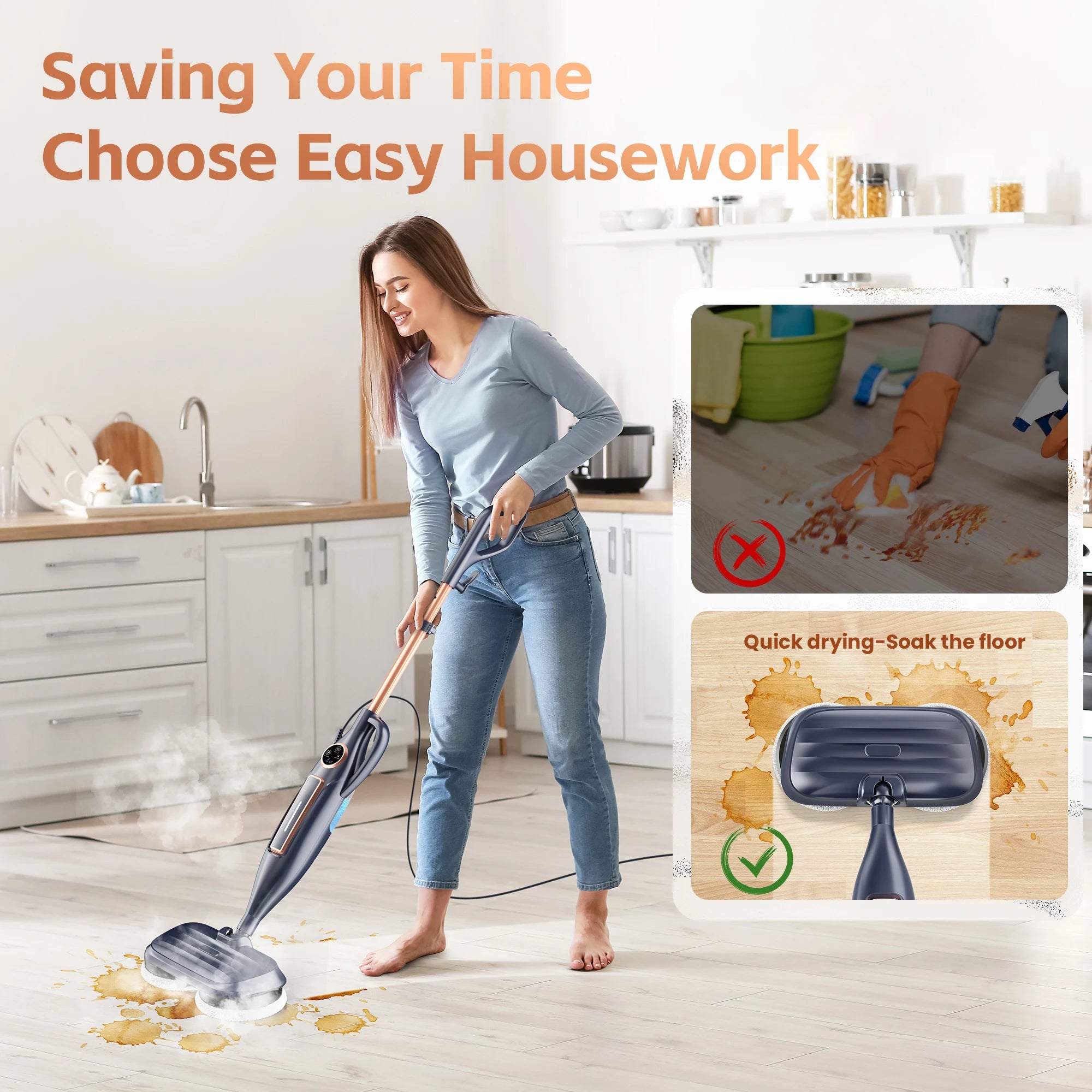 Steam Vacuum Mop, 1200W 8 in 1 Rotary Pads, 15 Seconds Fast Heating, Steam Mop for Kitchen,Carpet, Hardwood Floor