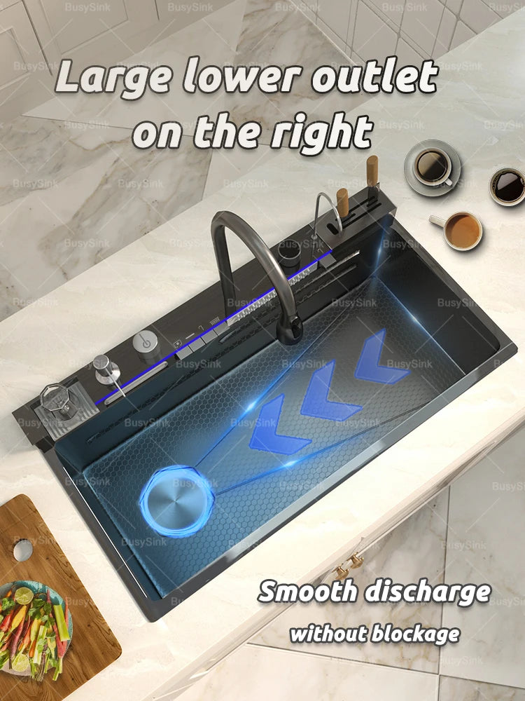 Stainless Steel Kitchen Sink With Waterfall Extra Large Single Bowl Digital Display Multifunctional Dishwashing Sinks