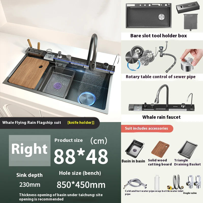 Stainless Steel Kitchen Sink With Waterfall Extra Large Single Bowl Digital Display Multifunctional Dishwashing Sinks
