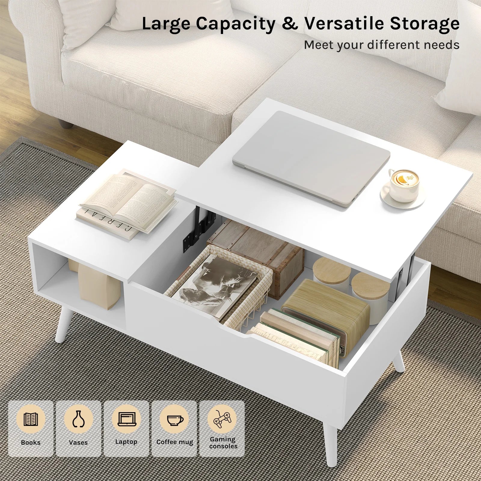 WOLTU Height-Adjustable Coffee Table Living Room Table with Hidden Storage Lifting Board Folding Table for Side Sofa Decor Home
