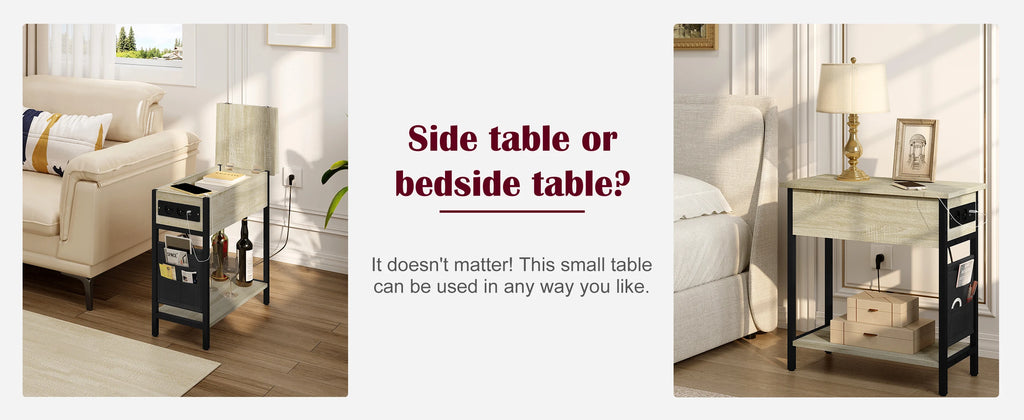 Side Table Sofa Coffee Table with Charging Station Bag Nightstand with 2 USB Ports 2 Sockets Folding Top End Table for Bedroom