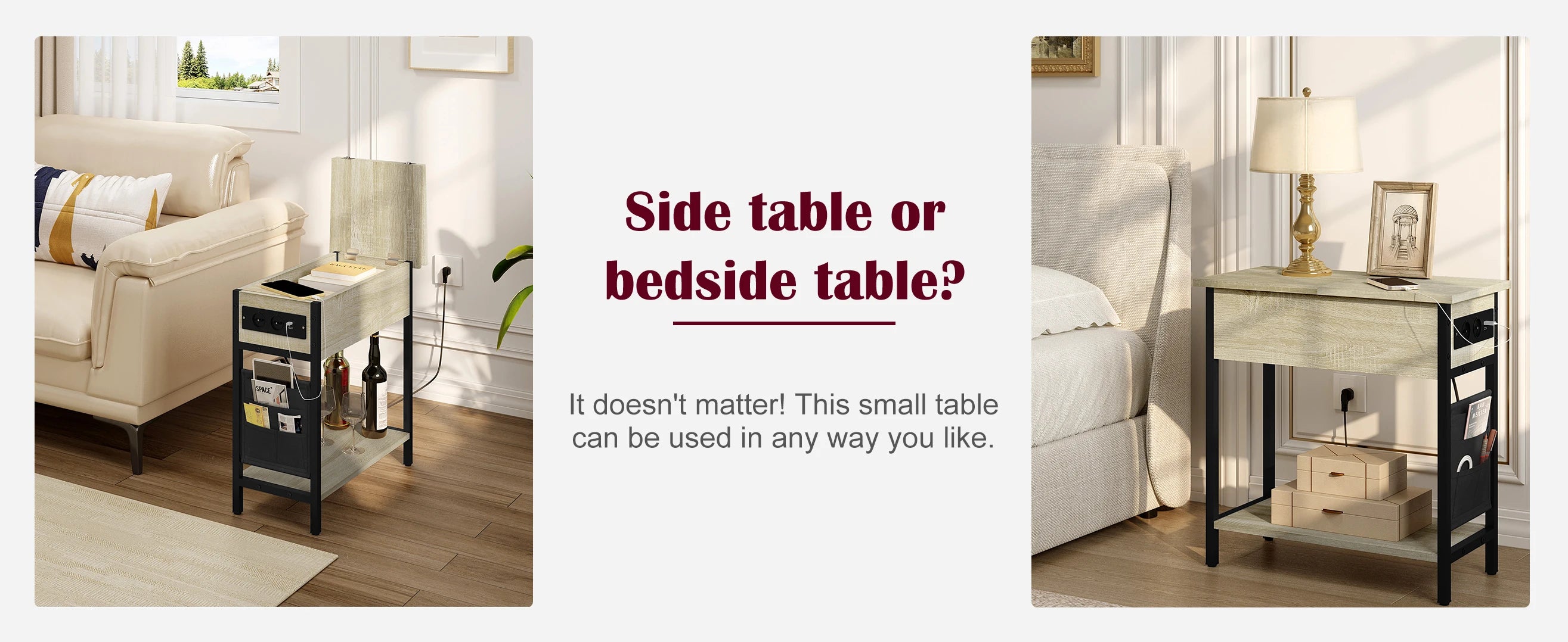 Side Table Sofa Coffee Table with Charging Station Bag Nightstand with 2 USB Ports 2 Sockets Folding Top End Table for Bedroom
