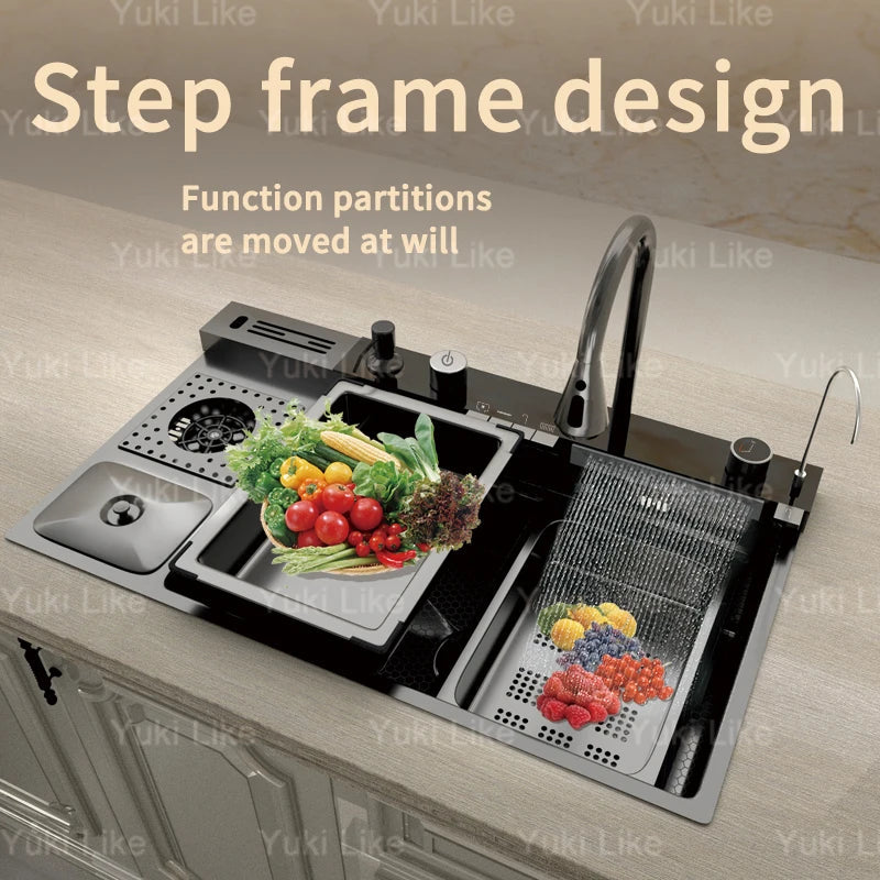 Stainless Steel Kitchen Sink With Waterfall Extra Large Single Bowl Digital Display Multifunctional Dishwashing Sinks