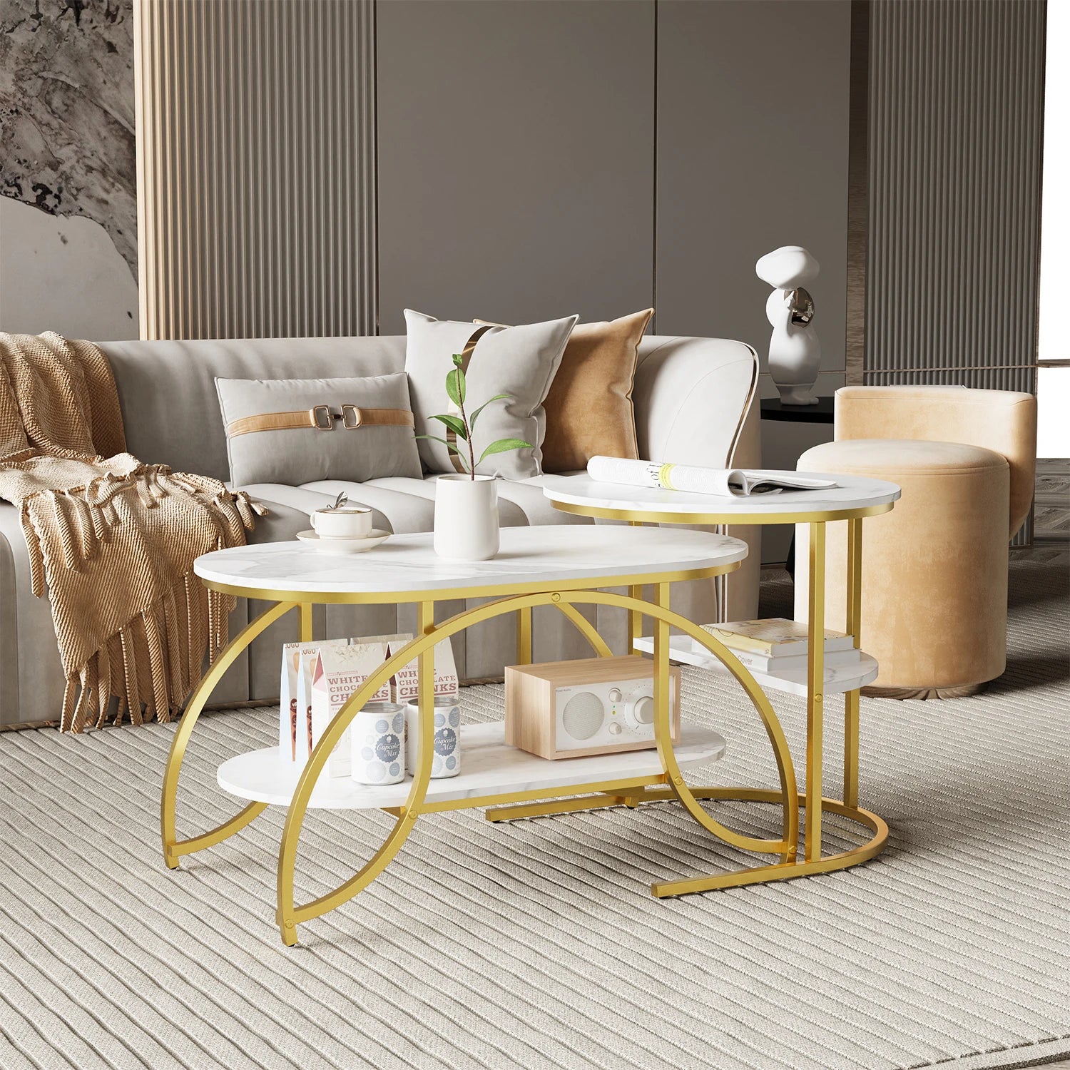 ROSAHQNDA Set of 2 Modern Coffee Tables Sofa table with 2 Layer Shelves MDF Board and Stable Metal Racks living room furniture