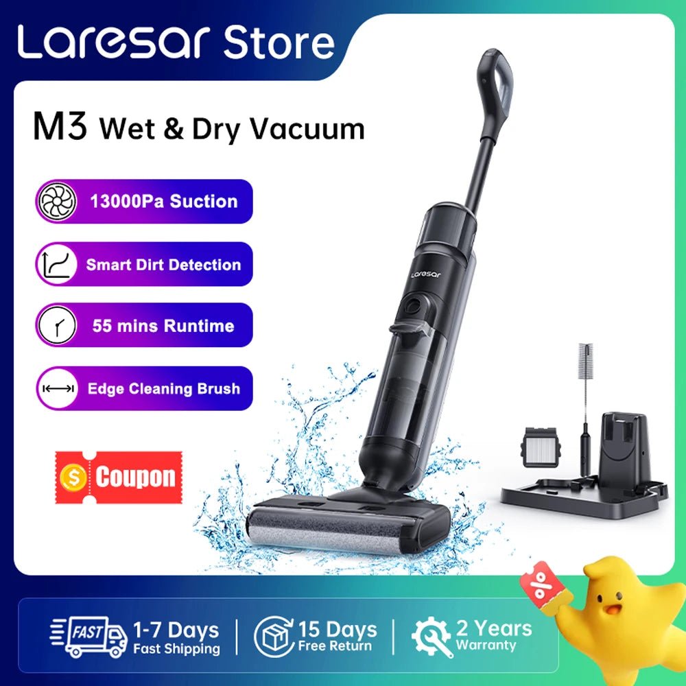 M3 Cordless Wet Dry Vacuum Cleaner Mop, Edge Cleaning 55min Auto Suction