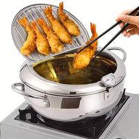 Stainless Steel Fryer, 1-Piece Stainless Steel Tempura Deep Fryer Japanese-Style Home Kitchen Fryer with Thermometer Thickened