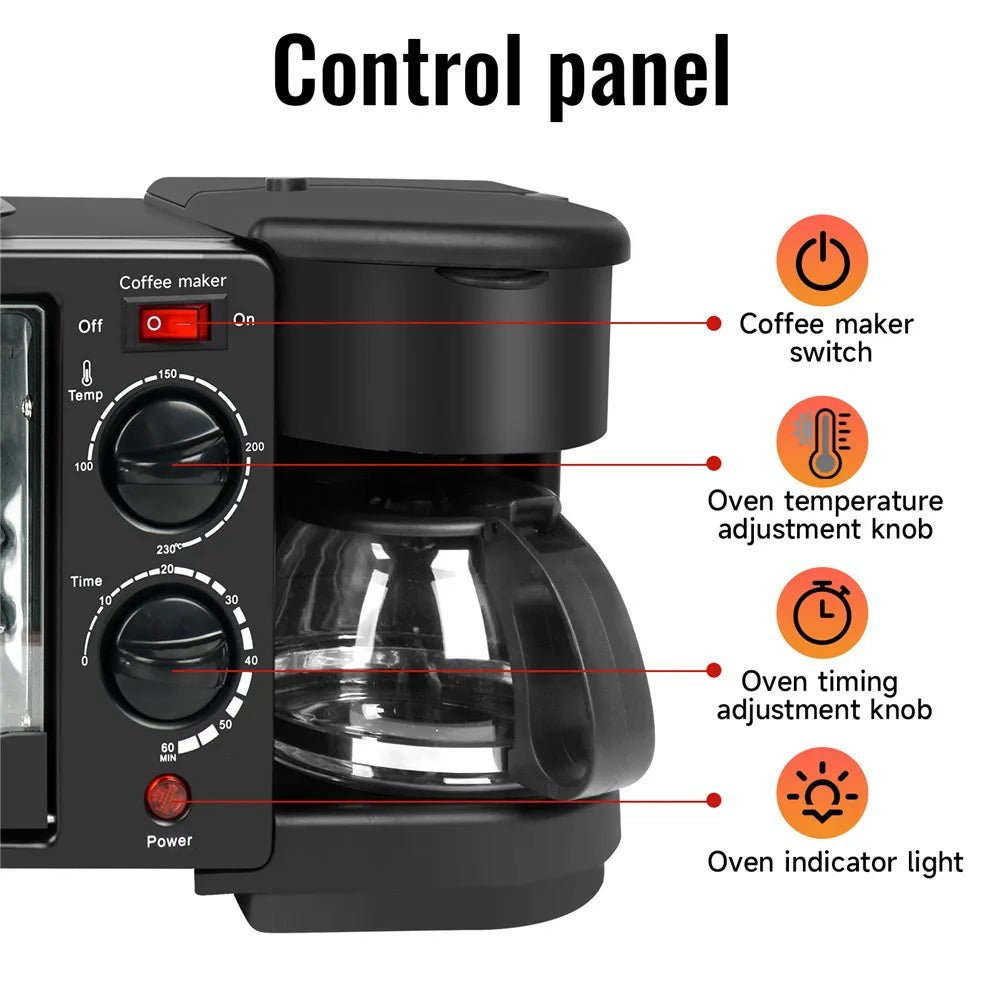 Multifunctional Breakfast Machine 3 in 1 Breakfast Maker Coffee Machine, Breakfast Station with 600 ml Coffee Maker +9 L Oven +Frying Pan, Toasters Breakfast Maker for Home Office