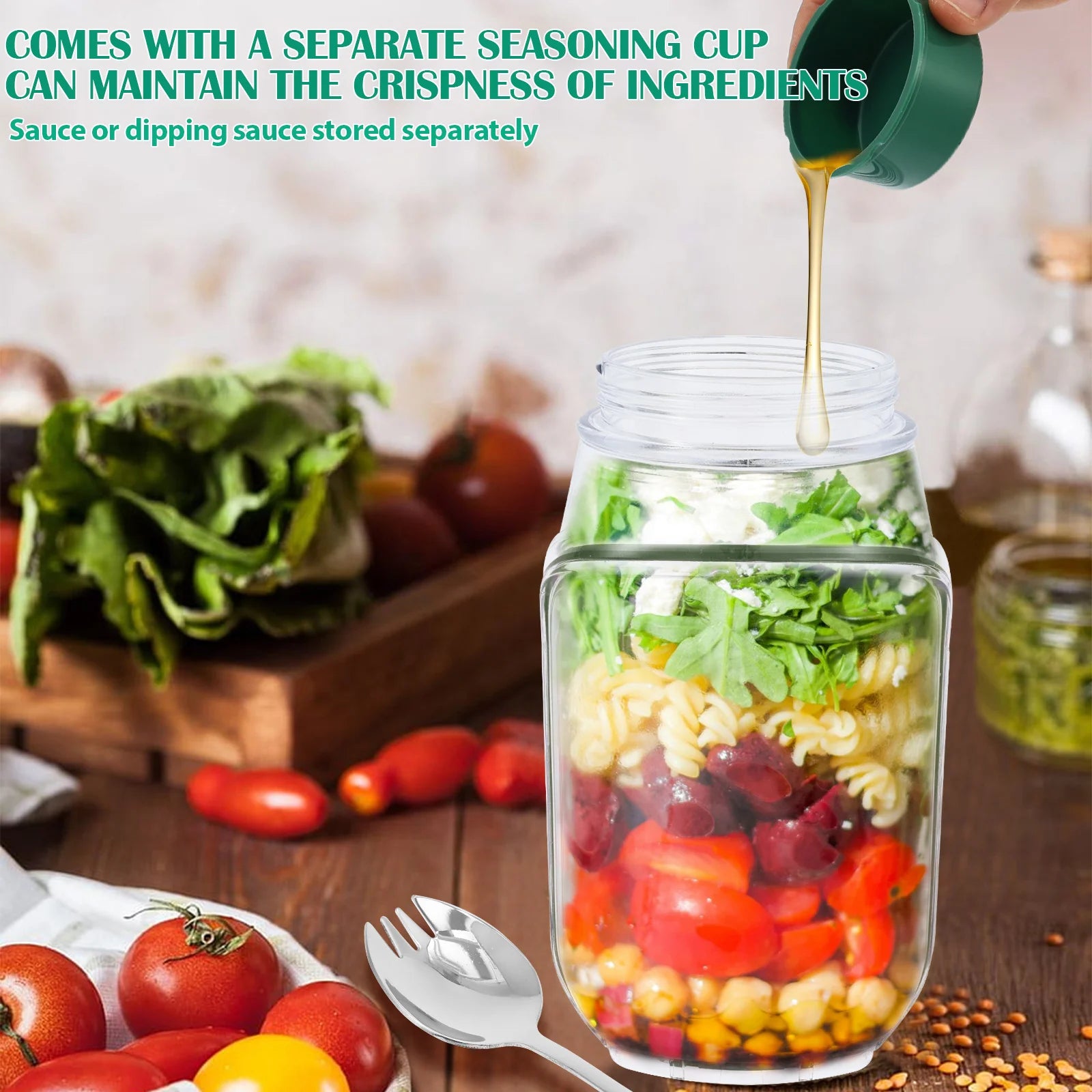 Salad Jar with Side Opening Leakproof Fruit Salad Container Mason Jar Salad Container for Lunch Work Travel & Outdoor