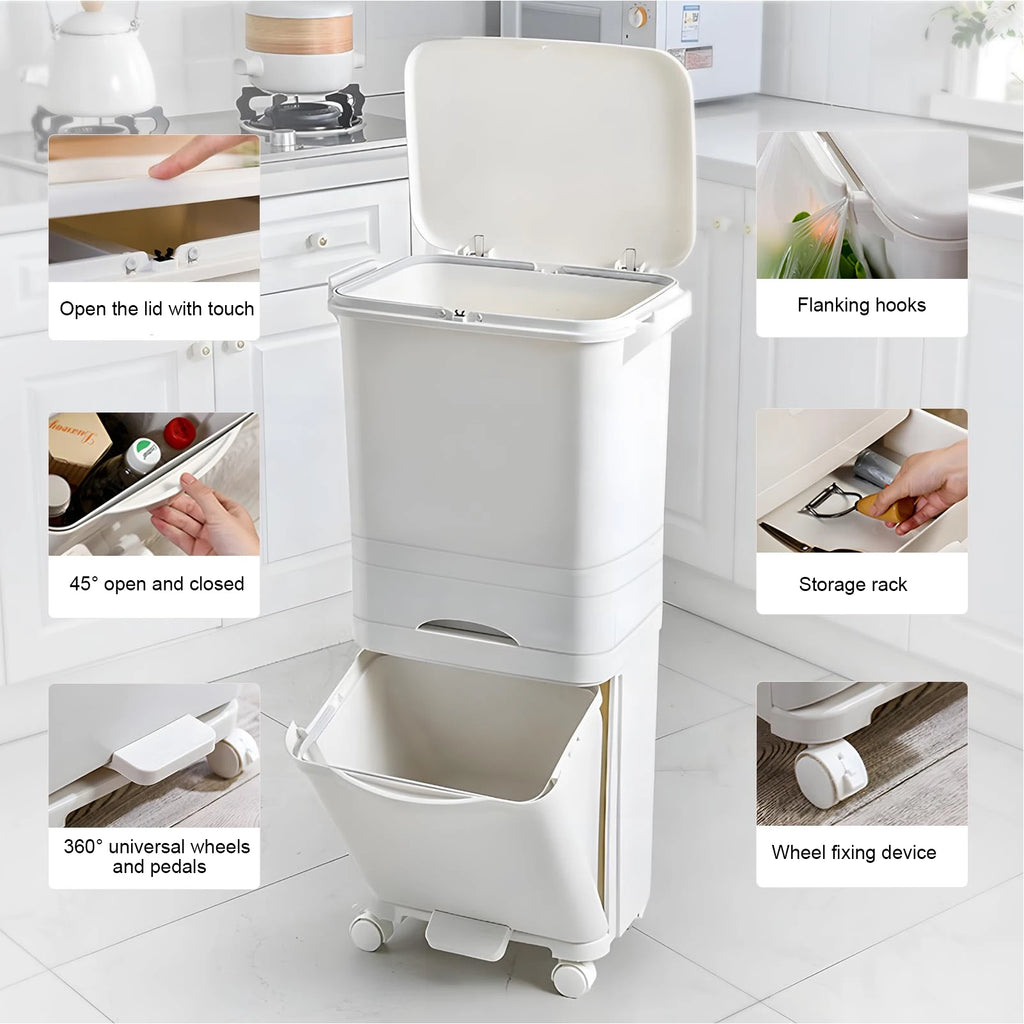 Step Trash Can Kitchen, Large Capacity, Dry and Wet Separation Pedal Bin on Wheels | for Home Kitchen Household Restaurant