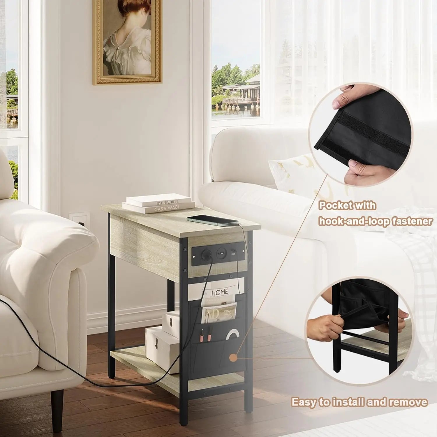 Side Table Sofa Coffee Table with Charging Station Bag Nightstand with 2 USB Ports 2 Sockets Folding Top End Table for Bedroom