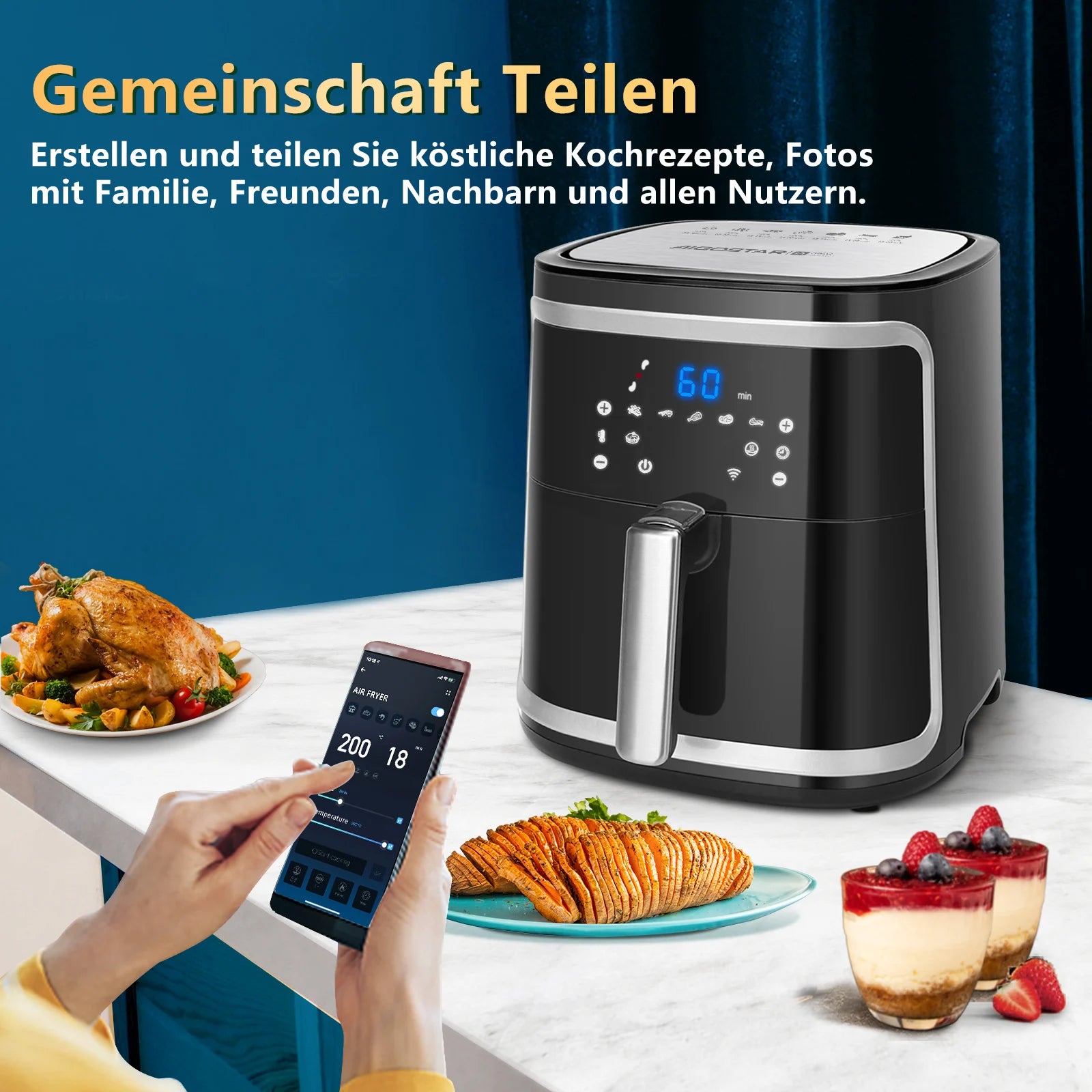 Smart Air Fryer 1900W 7L Manual Mode LED Screen Manual Heat Retention Wifi Connection