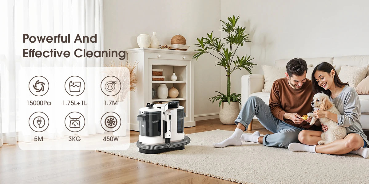 Powerful Carpet Cleaner 15kPa Lubluelu V6 w/ 1.75L Dual Tanks, 5M Cord 1.7M Hose - Deep Clean Sofa Mattress Car Seat Pet Stains