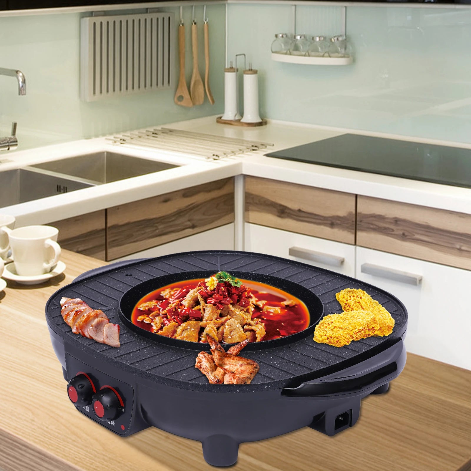2-in-1 Electric Grill Hot Pot Electric Grill 2000W Hot Pot Shabu Shabu Hot Pot with Grill for 5-6 People