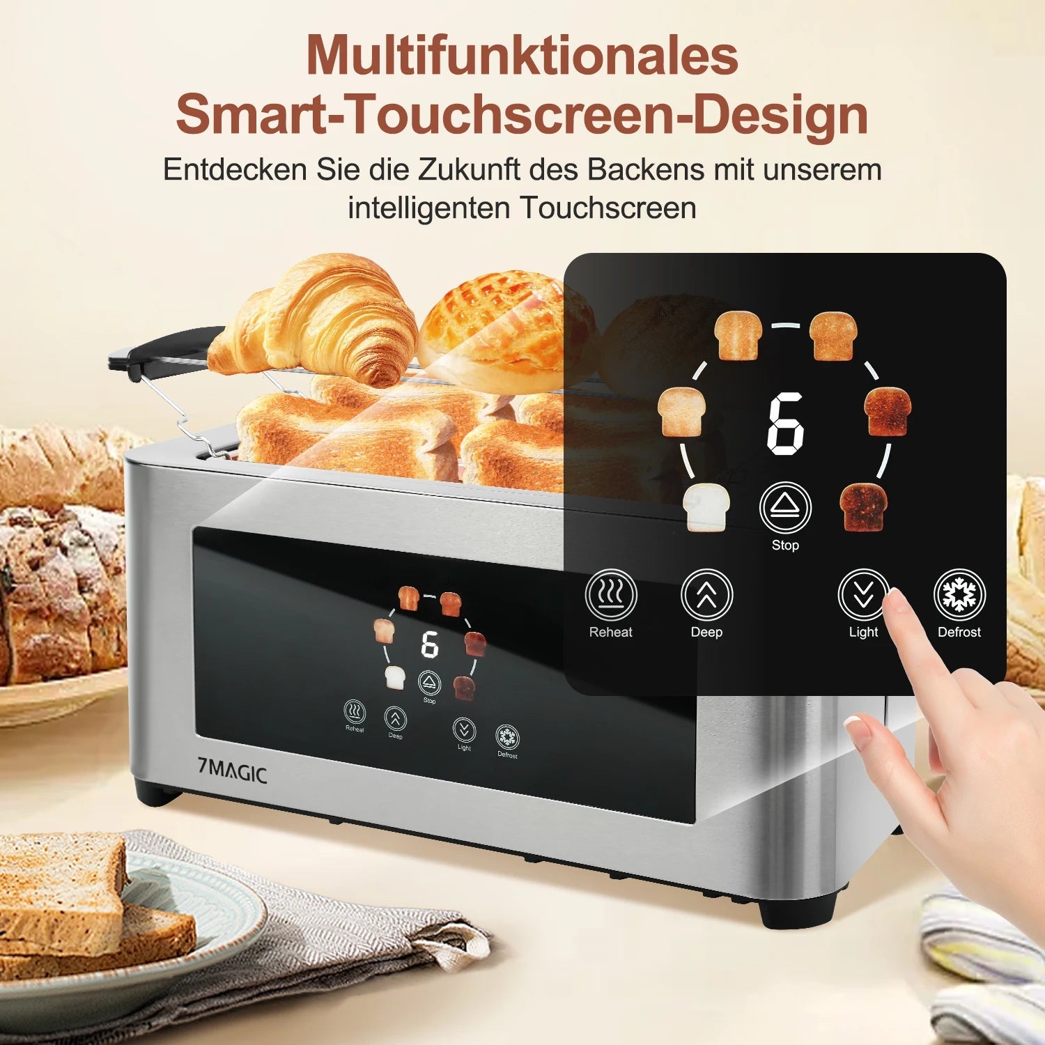 Toaster 1400W, stainless steel toaster, LCD touch display, 2 wide toast slots, 4 slices, 7 browning levels, bun holder,