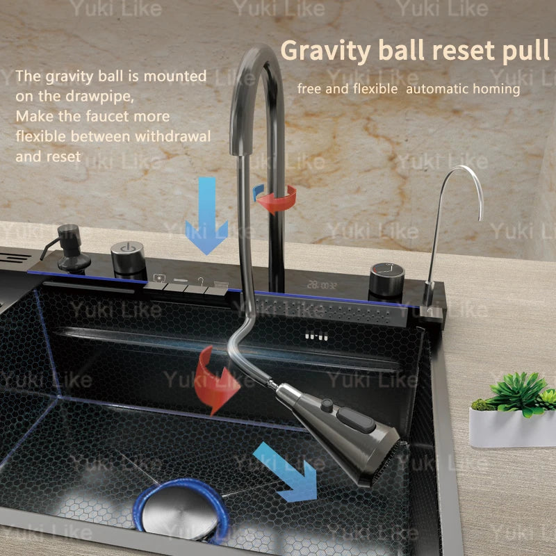 Stainless Steel Kitchen Sink With Waterfall Extra Large Single Bowl Digital Display Multifunctional Dishwashing Sinks