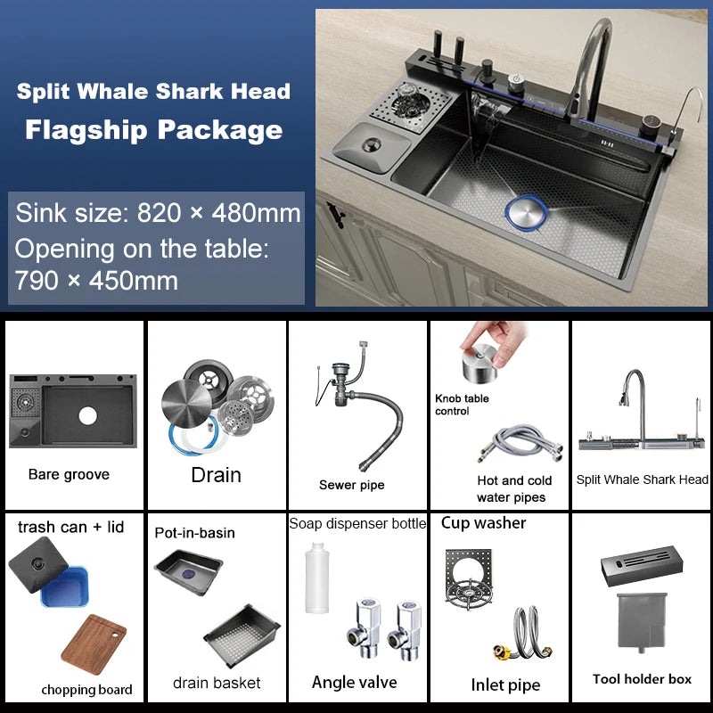 Stainless Steel Kitchen Sink With Waterfall Extra Large Single Bowl Digital Display Multifunctional Dishwashing Sinks