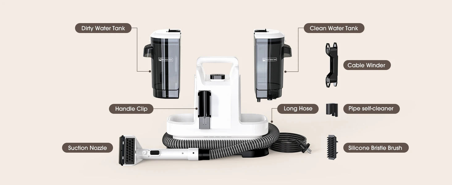 Powerful Carpet Cleaner 15kPa Lubluelu V6 w/ 1.75L Dual Tanks, 5M Cord 1.7M Hose - Deep Clean Sofa Mattress Car Seat Pet Stains