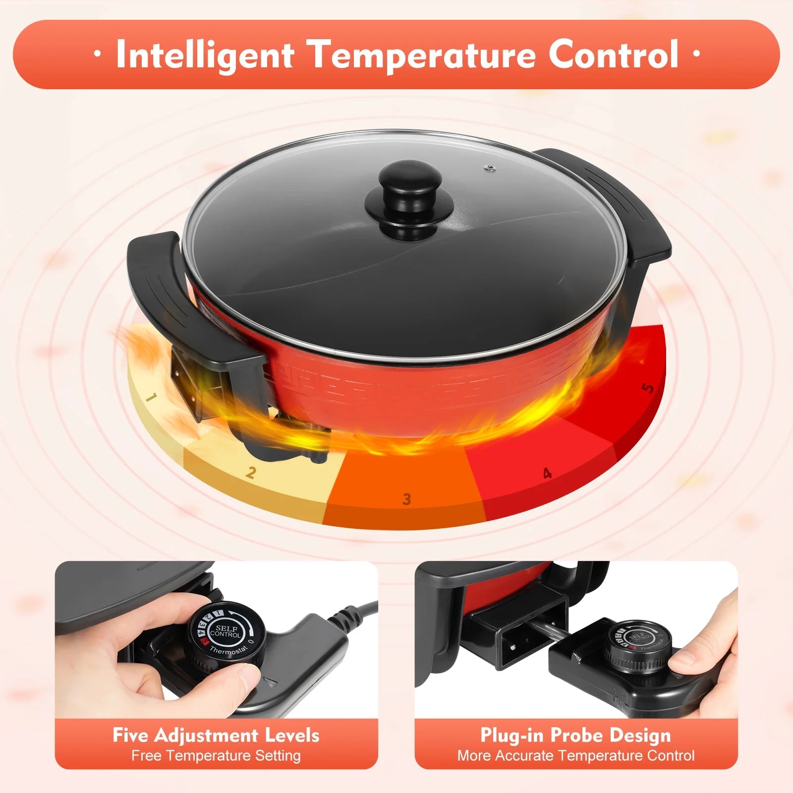 1360W Electric Hot Pot w/ 5 Temp Settings 6L Non-Stick Coating Large Capacity Skillet