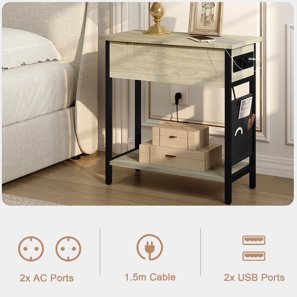 Side Table Sofa Coffee Table with Charging Station Bag Nightstand with 2 USB Ports 2 Sockets Folding Top End Table for Bedroom