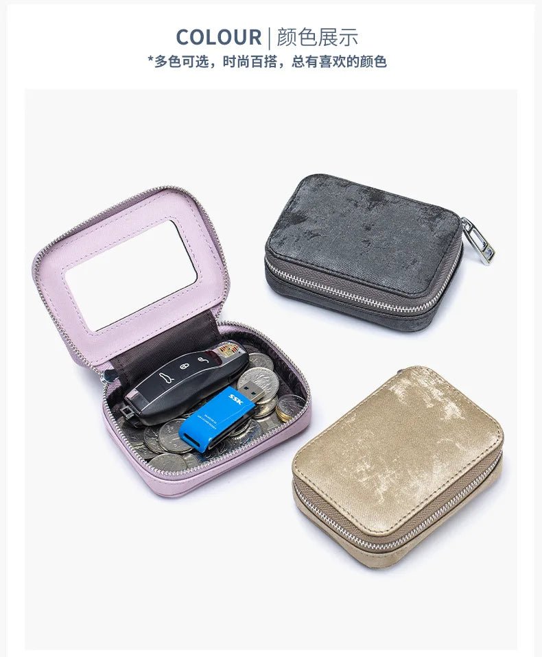 Portable Mini Leather Wallet With Mirror New Chinese Style Cow Leather Storage Bag For Coins And Earphones