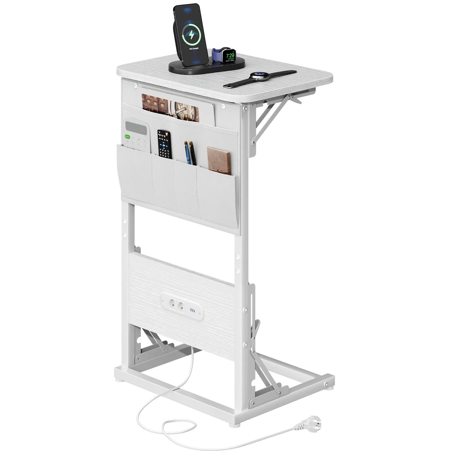 C Shape Small Laptop Table, Foldable End Desk with Power Outlets, Sofa Arm Tray Table with Storage Bag for Living Room, Bedroom