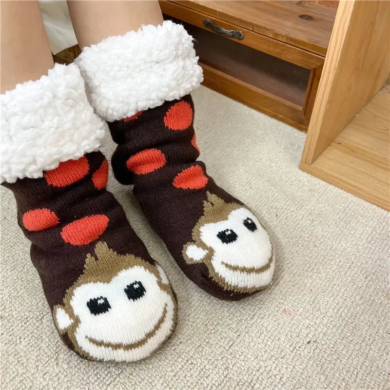 Thermal Winter Warm Slipper Socks Non Slip Grip Fluffy Fuzzy Slipper Socks Short Furry Monkey
