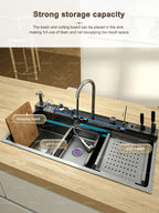 Stainless Steel Kitchen Sink With Waterfall Extra Large Single Bowl Digital Display Multifunctional Dishwashing Sinks