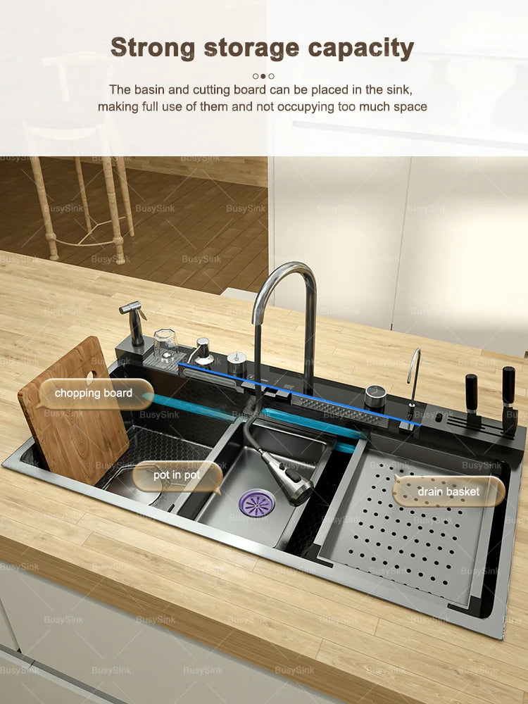 Stainless Steel Kitchen Sink With Waterfall Extra Large Single Bowl Digital Display Multifunctional Dishwashing Sinks