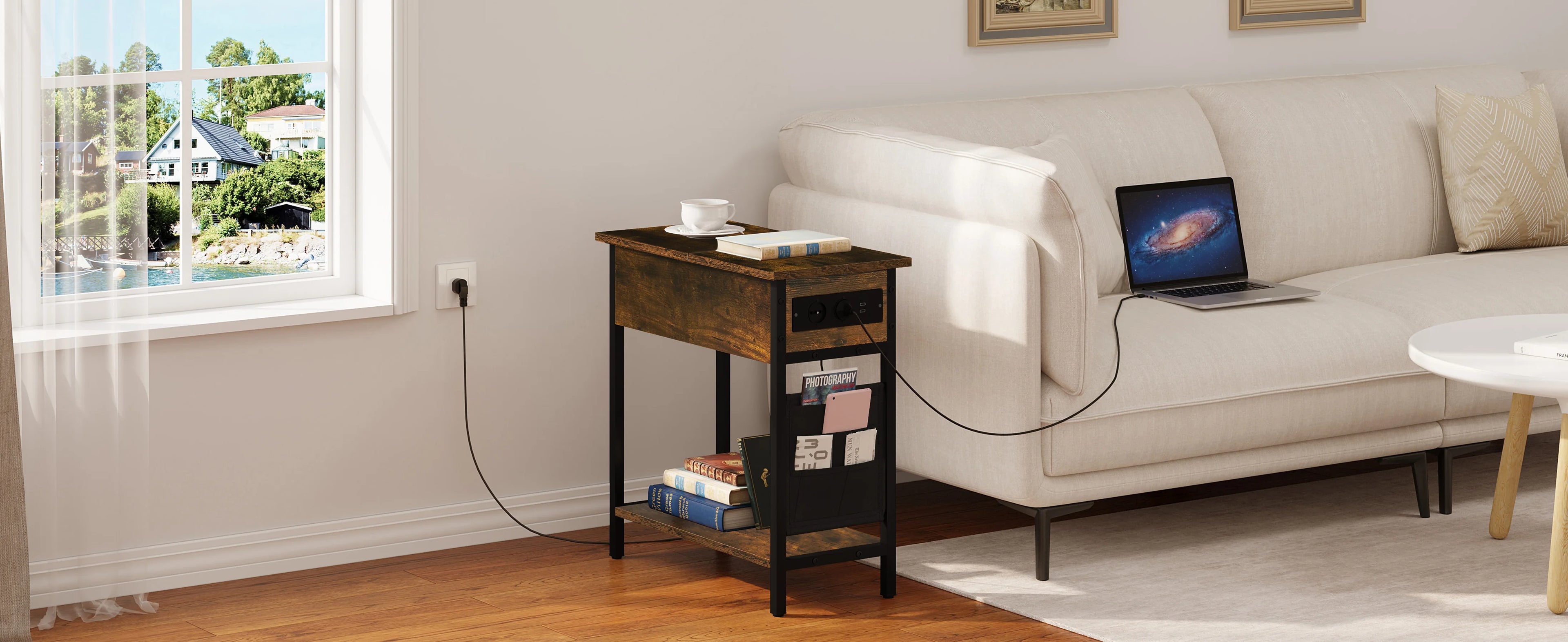 Side Table Sofa Coffee Table with Charging Station Bag Nightstand with 2 USB Ports 2 Sockets Folding Top End Table for Bedroom
