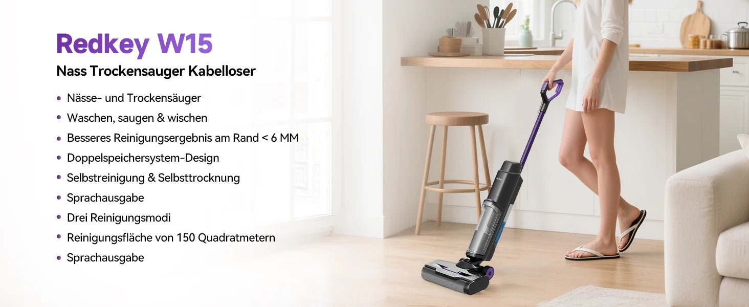 Redkey W15 Cordless Vacuum Cleaner, Wet & Dry, 35-Min Runtime, Self-Cleaning, Dual Water Tank,Self-Cleaning,Smart Dirt Detection