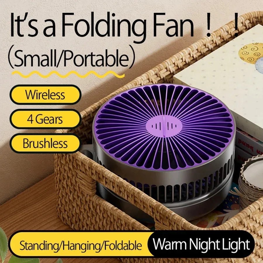 Foldable Mini Wall-Mounted Fan With Warm Night Light Rechargeable