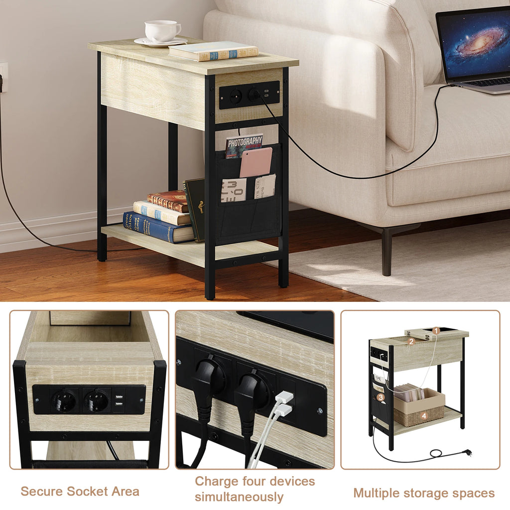 Side Table Sofa Coffee Table with Charging Station Bag Nightstand with 2 USB Ports 2 Sockets Folding Top End Table for Bedroom