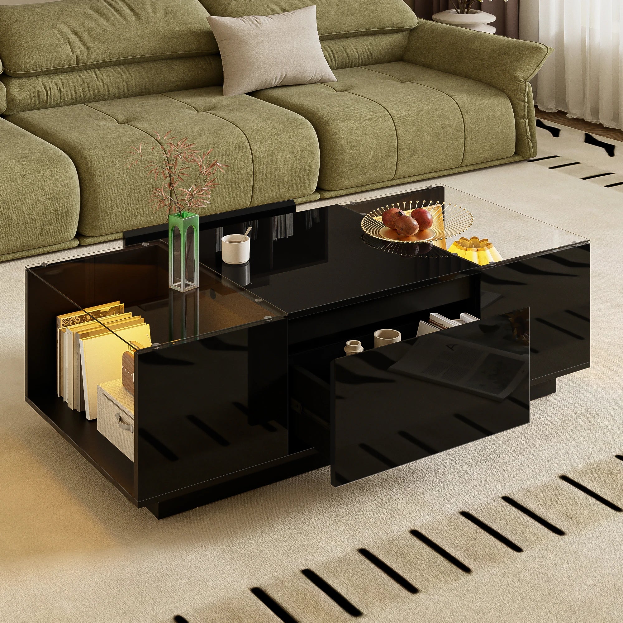 Table Basse LED 16 couleurs 2 tiroirs niches ouvertes structure robuste salon panneau particules noir