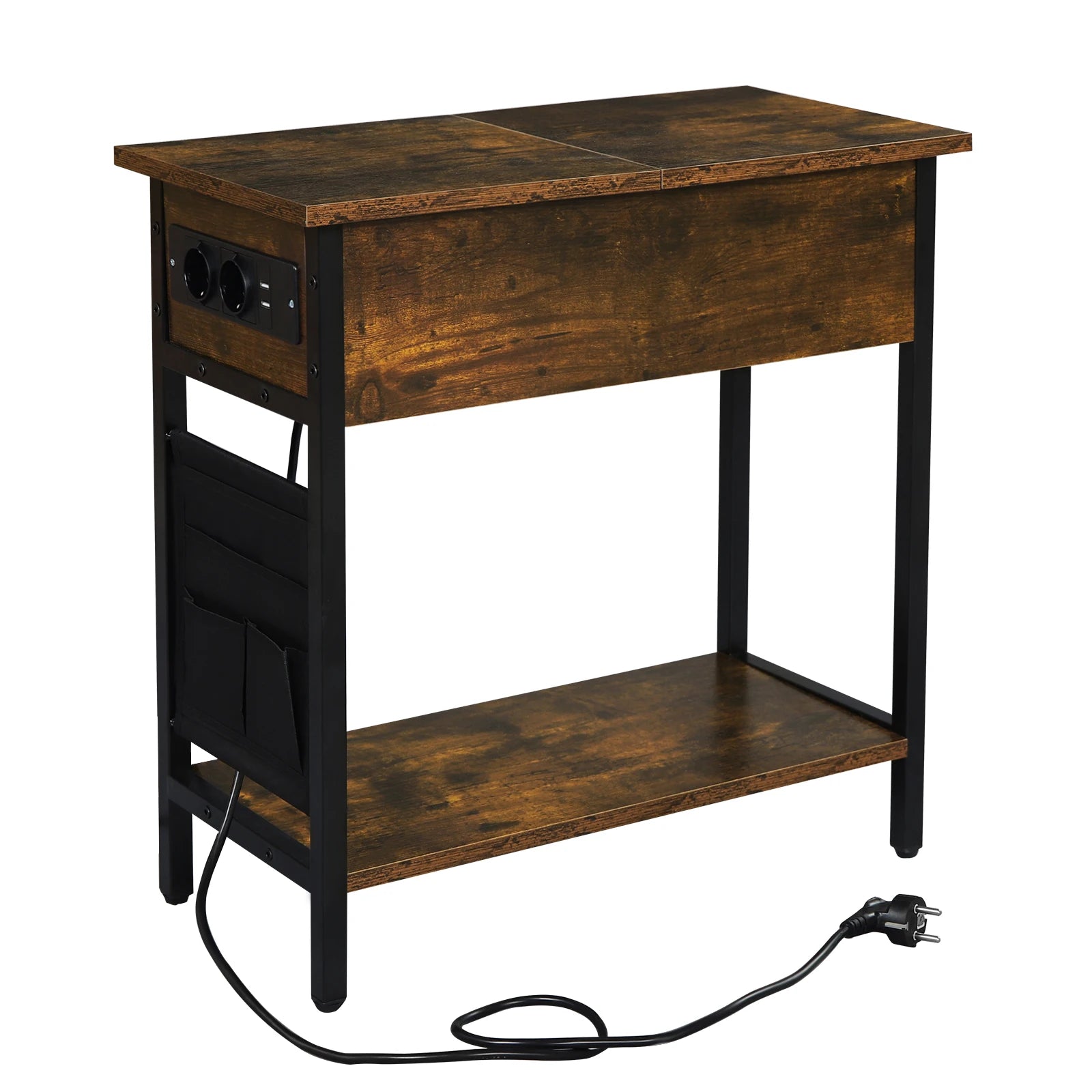 Side Table Sofa Coffee Table with Charging Station Bag Nightstand with 2 USB Ports 2 Sockets Folding Top End Table for Bedroom