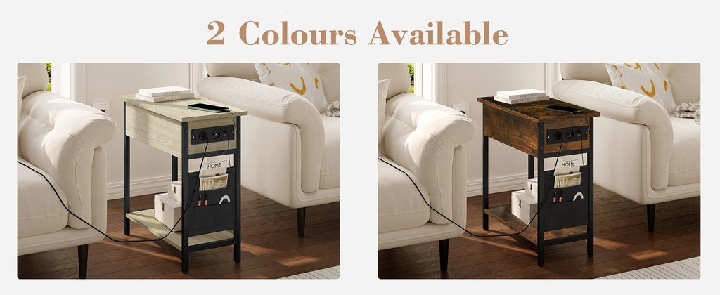 Side Table Sofa Coffee Table with Charging Station Bag Nightstand with 2 USB Ports 2 Sockets Folding Top End Table for Bedroom