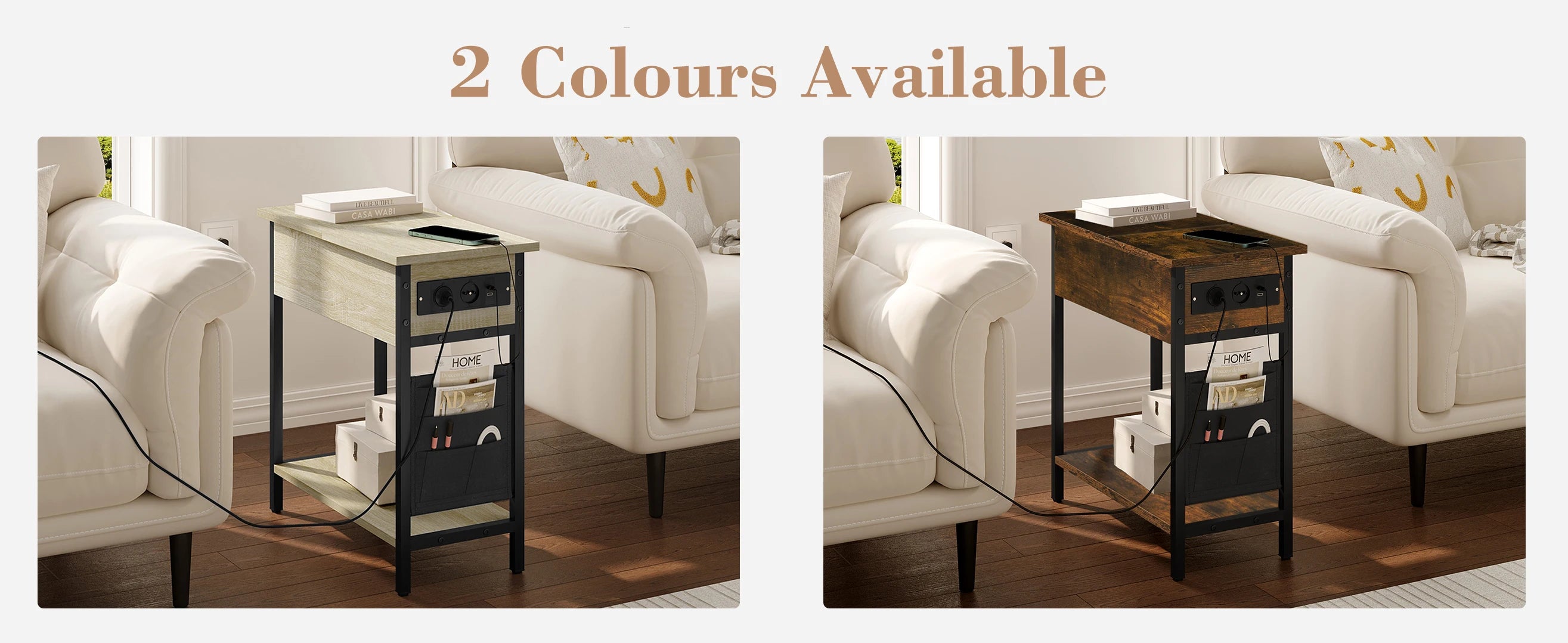 Side Table Sofa Coffee Table with Charging Station Bag Nightstand with 2 USB Ports 2 Sockets Folding Top End Table for Bedroom