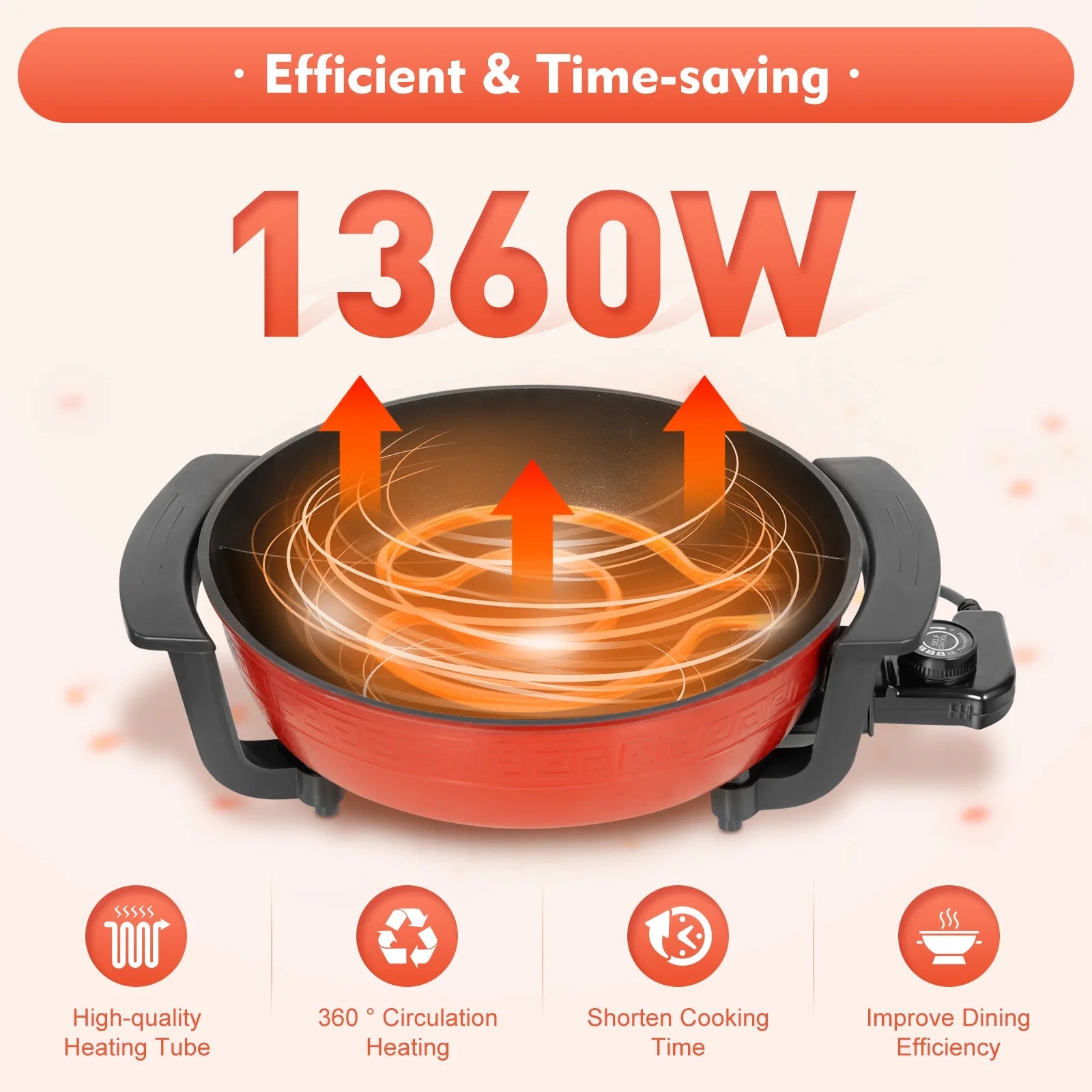 1360W Electric Hot Pot w/ 5 Temp Settings 6L Non-Stick Coating Large Capacity Skillet